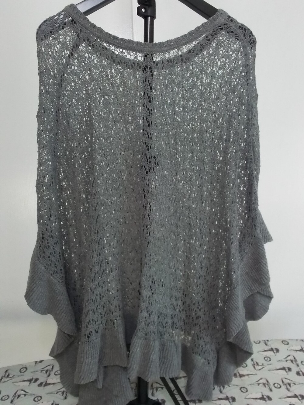 Gray Crochet Knit Ruffle Hem Women's Top